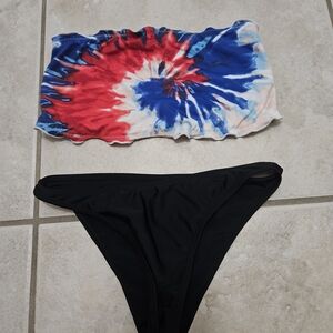 Tie-Dye Bandeau Bikini Set - Red, Blue, and Black